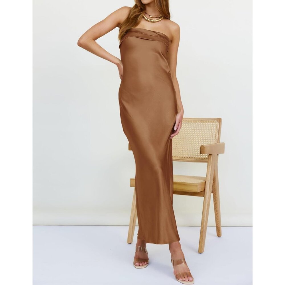 Women's Brown Cocktail Satin Strapless Tube Bodycon Backless Party Maxi Dress - Picture 3 of 7